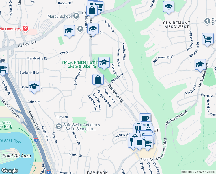 map of restaurants, bars, coffee shops, grocery stores, and more near 3362 Clairemont Drive in San Diego