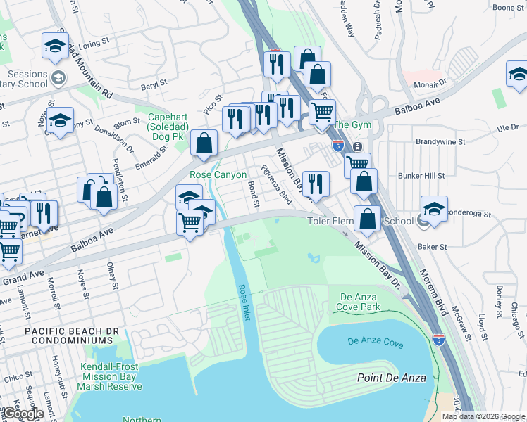 map of restaurants, bars, coffee shops, grocery stores, and more near 2675 Grand Avenue in San Diego