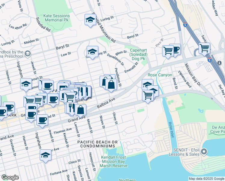 map of restaurants, bars, coffee shops, grocery stores, and more near 2207 Garnet Avenue in San Diego