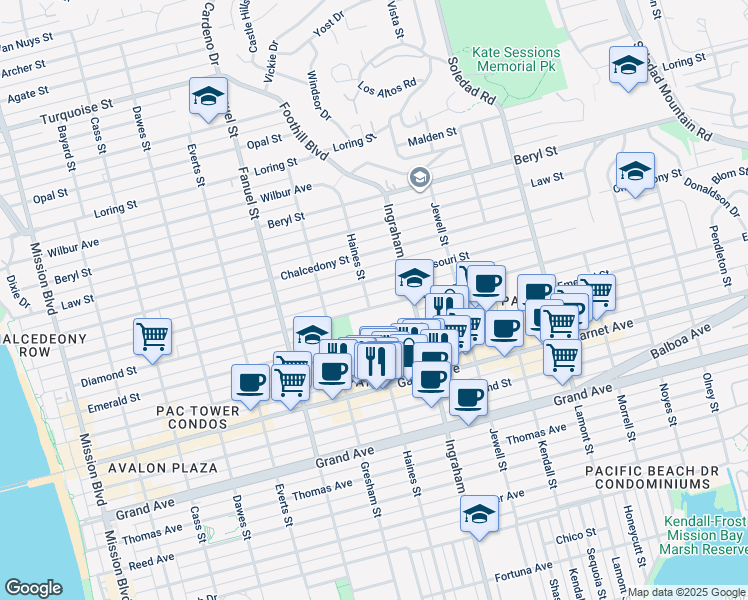 map of restaurants, bars, coffee shops, grocery stores, and more near 1516 Diamond Street in San Diego
