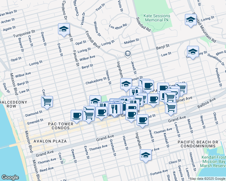 map of restaurants, bars, coffee shops, grocery stores, and more near 1516 Diamond Street in San Diego