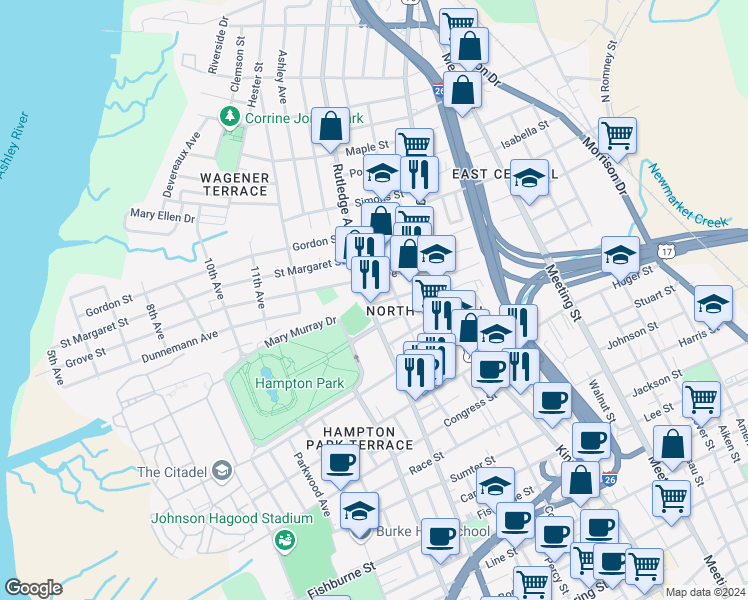 map of restaurants, bars, coffee shops, grocery stores, and more near 706 Rutledge Avenue in Charleston