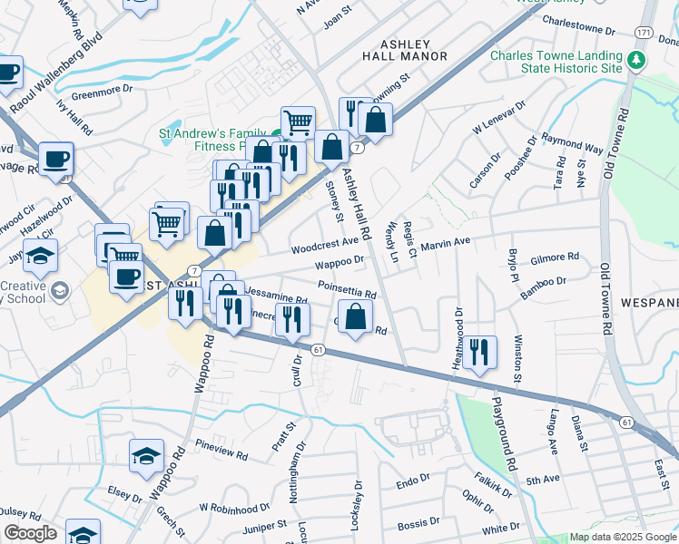 map of restaurants, bars, coffee shops, grocery stores, and more near 1528 Poinsettia Road in Charleston