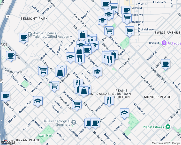 map of restaurants, bars, coffee shops, grocery stores, and more near 1415 Annex Avenue in Dallas