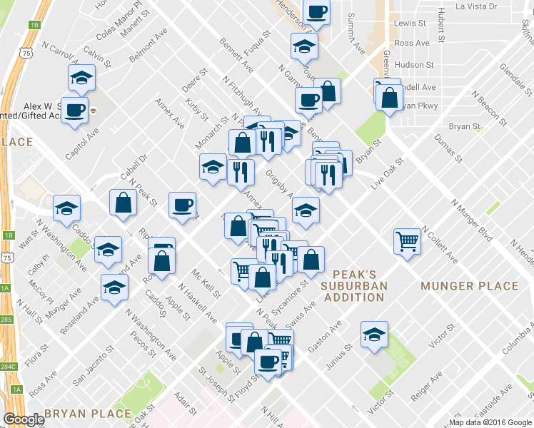 map of restaurants, bars, coffee shops, grocery stores, and more near 1415 Annex Avenue in Dallas