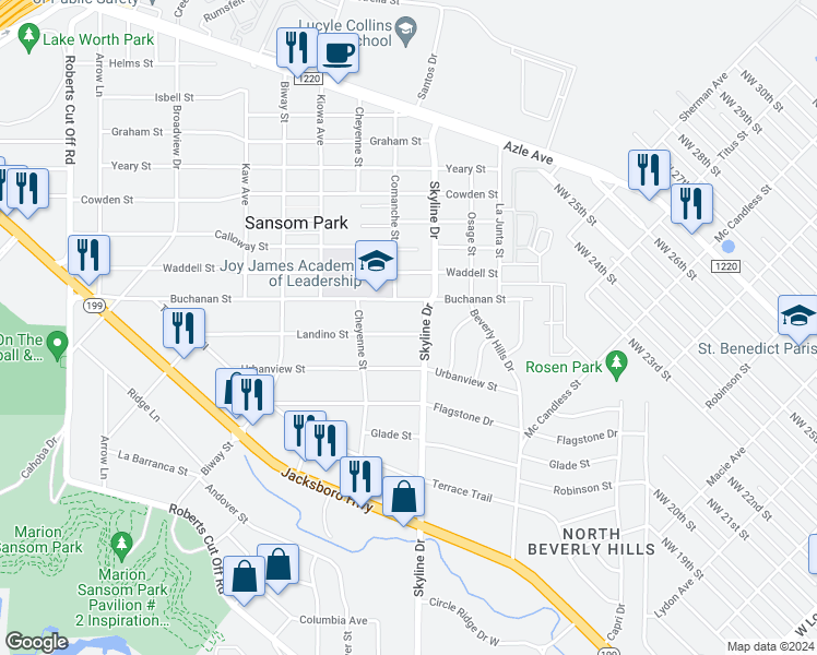 map of restaurants, bars, coffee shops, grocery stores, and more near 2712 Skyline Drive in Fort Worth