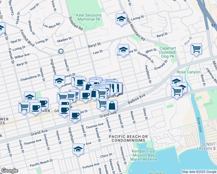 map of restaurants, bars, coffee shops, grocery stores, and more near 4526 Morrell Street in San Diego
