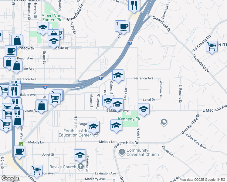 map of restaurants, bars, coffee shops, grocery stores, and more near 603 Galena Street in El Cajon