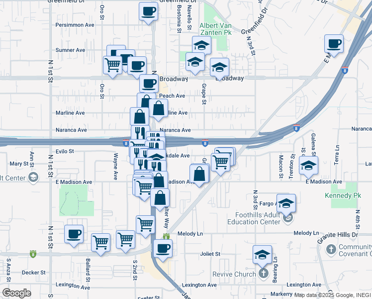 map of restaurants, bars, coffee shops, grocery stores, and more near 1380 Oakdale Avenue in El Cajon