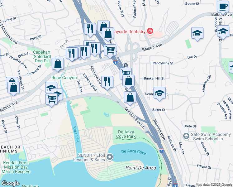 map of restaurants, bars, coffee shops, grocery stores, and more near in San Diego