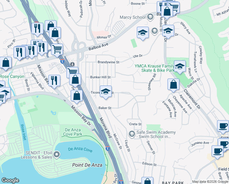 map of restaurants, bars, coffee shops, grocery stores, and more near Trenton Avenue in San Diego
