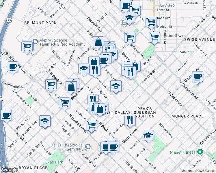 map of restaurants, bars, coffee shops, grocery stores, and more near 4575 Virginia Avenue in Dallas