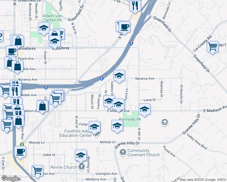map of restaurants, bars, coffee shops, grocery stores, and more near 603 Galena Street in El Cajon
