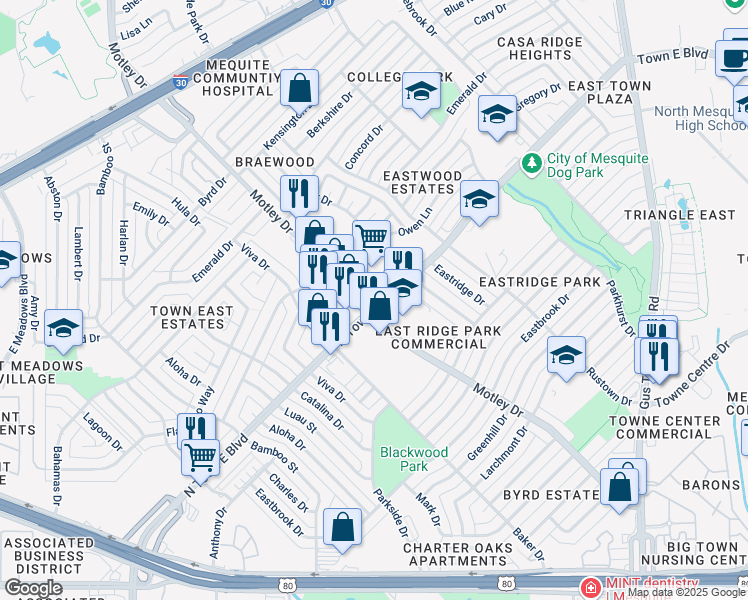 map of restaurants, bars, coffee shops, grocery stores, and more near 2728 Motley Drive in Mesquite
