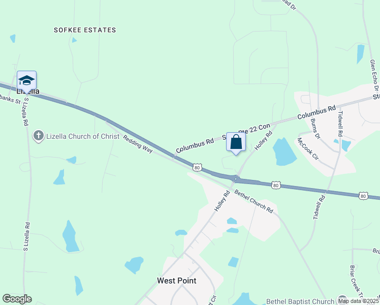 map of restaurants, bars, coffee shops, grocery stores, and more near 7788 Columbus Road in Lizella