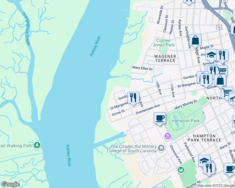 map of restaurants, bars, coffee shops, grocery stores, and more near 187a 3rd Avenue in Charleston