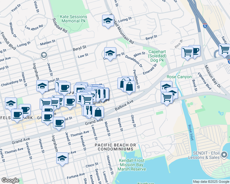 map of restaurants, bars, coffee shops, grocery stores, and more near 2109 Felspar Street in San Diego