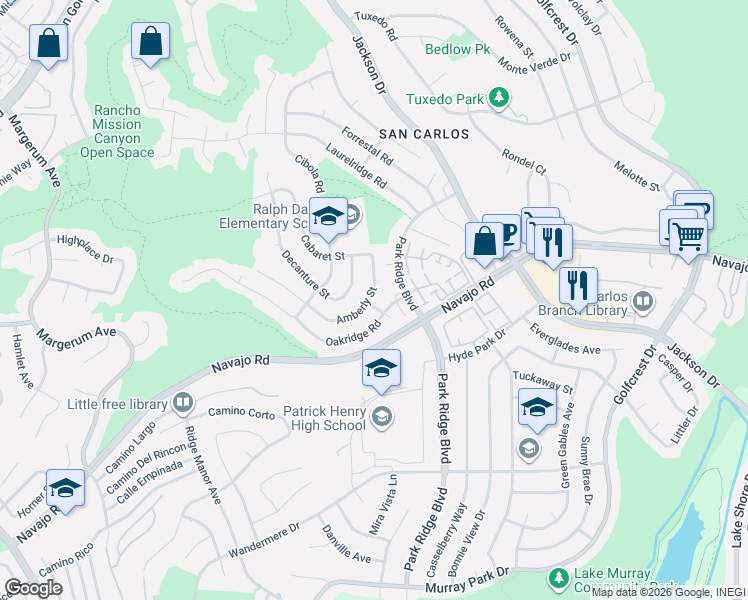 map of restaurants, bars, coffee shops, grocery stores, and more near 6645 Amberly Street in San Diego