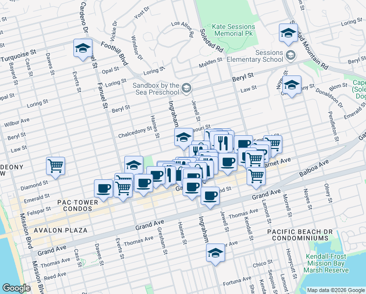 map of restaurants, bars, coffee shops, grocery stores, and more near Ingraham Street & Diamond Street in San Diego