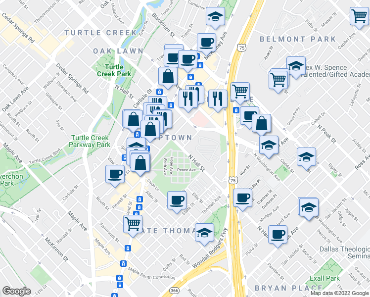 map of restaurants, bars, coffee shops, grocery stores, and more near 2700 North Hall Street in Dallas