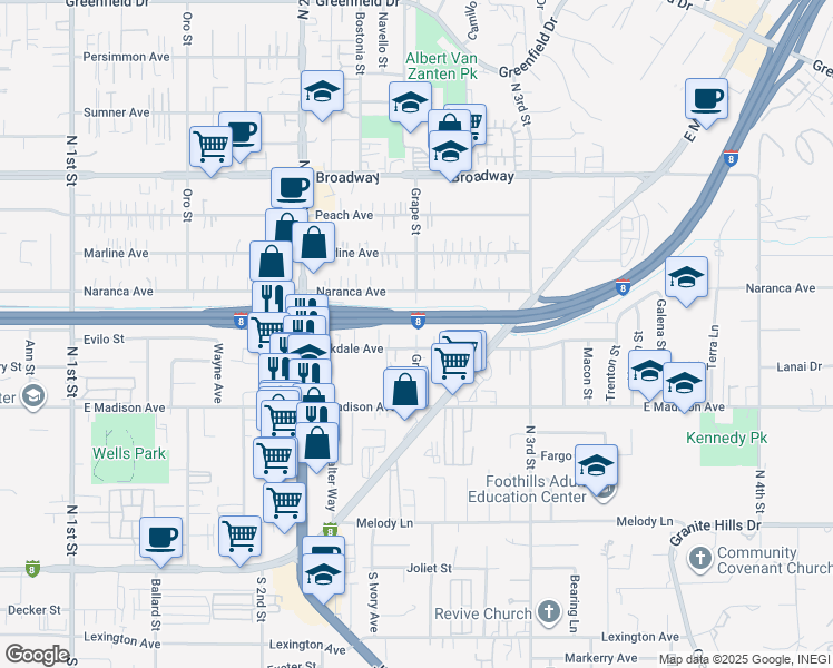 map of restaurants, bars, coffee shops, grocery stores, and more near 631 Grape Street in El Cajon