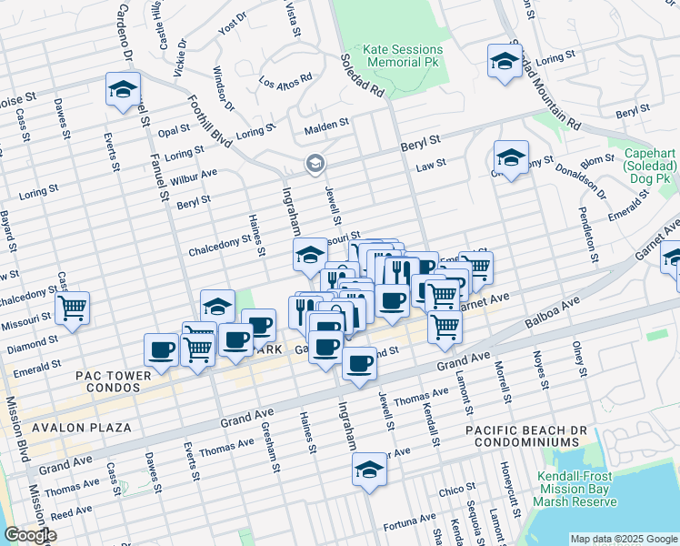 map of restaurants, bars, coffee shops, grocery stores, and more near 1663 Diamond Street in San Diego