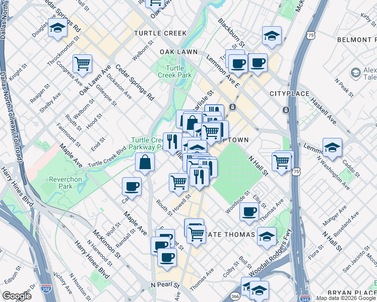 map of restaurants, bars, coffee shops, grocery stores, and more near 3114 Sneed Street in Dallas