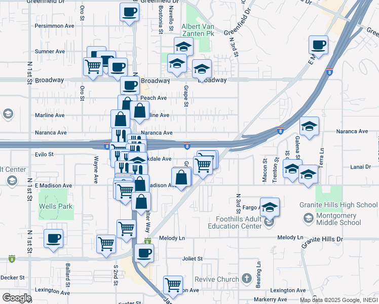 map of restaurants, bars, coffee shops, grocery stores, and more near 637 Grape Street in El Cajon