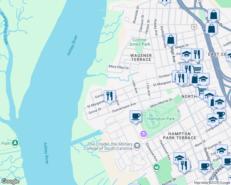 map of restaurants, bars, coffee shops, grocery stores, and more near 175 Saint Margaret Street in Charleston