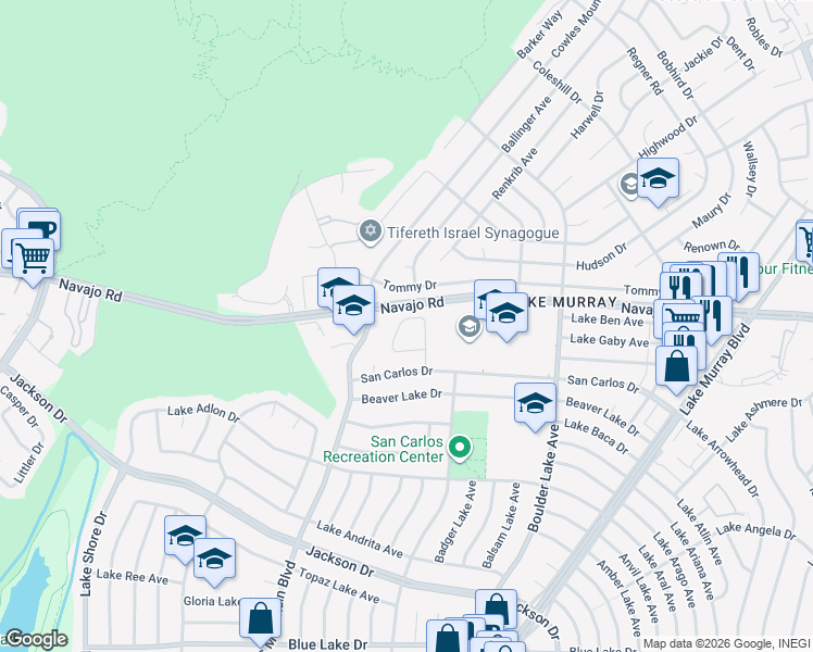 map of restaurants, bars, coffee shops, grocery stores, and more near 6565 Bantam Lake Circle in San Diego