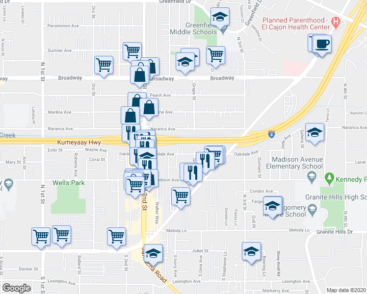map of restaurants, bars, coffee shops, grocery stores, and more near 1380 Oakdale Avenue in El Cajon