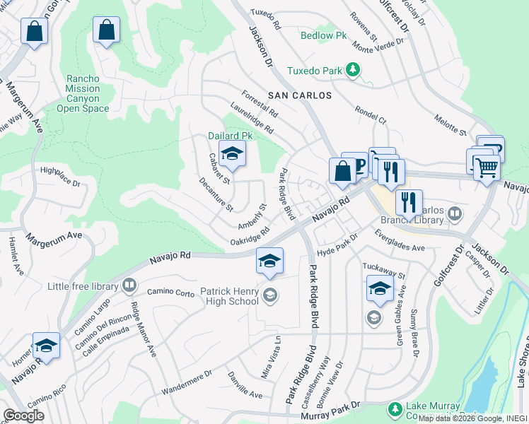map of restaurants, bars, coffee shops, grocery stores, and more near 6645 Amberly Street in San Diego