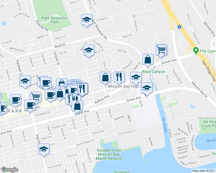 map of restaurants, bars, coffee shops, grocery stores, and more near 2207 Garnet Avenue in San Diego
