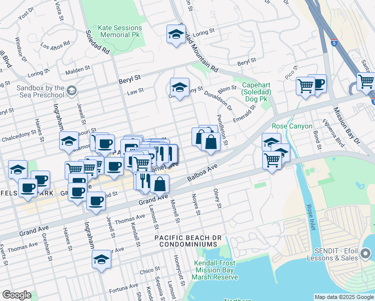 map of restaurants, bars, coffee shops, grocery stores, and more near 2138 Garnet Avenue in San Diego