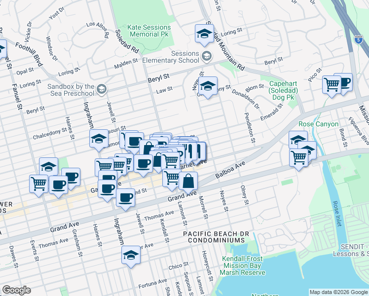 map of restaurants, bars, coffee shops, grocery stores, and more near 4526 Morrell Street in San Diego