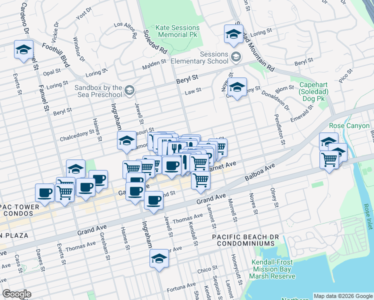 map of restaurants, bars, coffee shops, grocery stores, and more near 1775 Diamond Street in San Diego