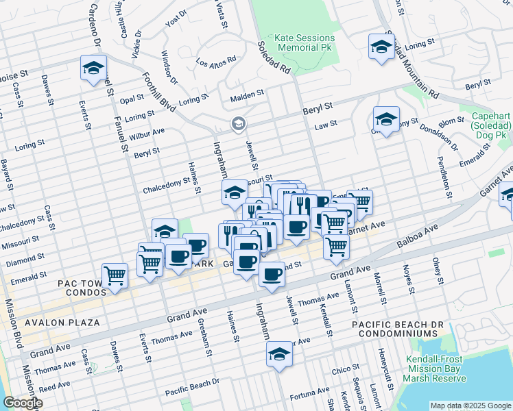 map of restaurants, bars, coffee shops, grocery stores, and more near 1672 Emerald Street in San Diego