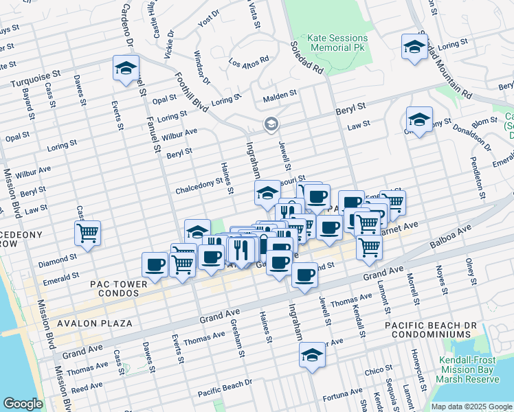map of restaurants, bars, coffee shops, grocery stores, and more near 1516 Diamond Street in San Diego