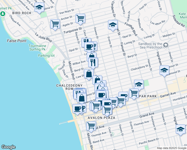 map of restaurants, bars, coffee shops, grocery stores, and more near in San Diego