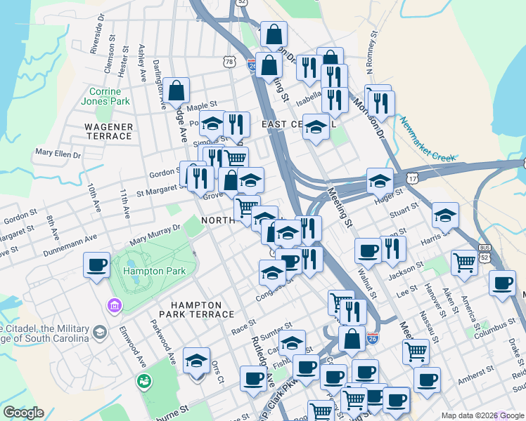 map of restaurants, bars, coffee shops, grocery stores, and more near King Street in Charleston
