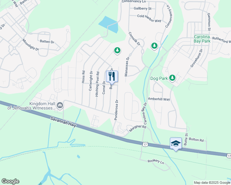 map of restaurants, bars, coffee shops, grocery stores, and more near 691 Ponderosa Drive in Charleston