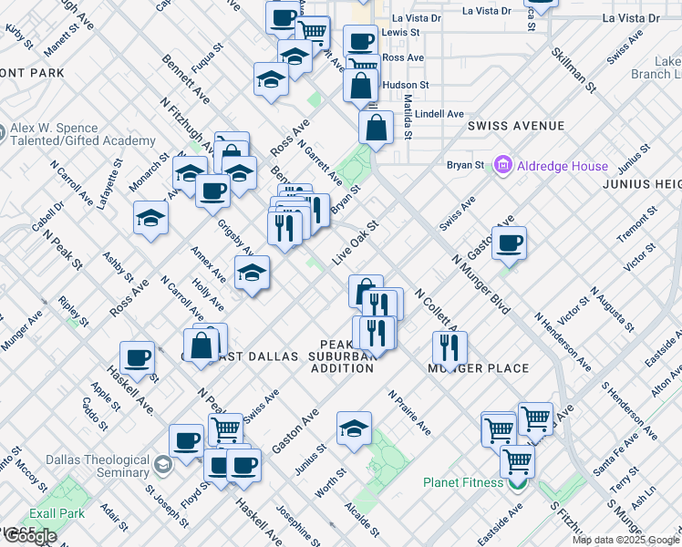 map of restaurants, bars, coffee shops, grocery stores, and more near 4905 Swiss Avenue in Dallas