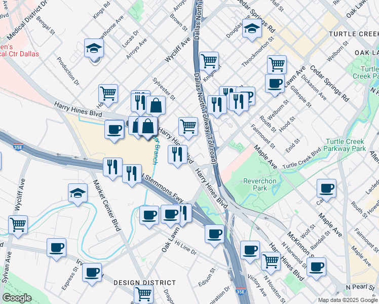 map of restaurants, bars, coffee shops, grocery stores, and more near 3801-3853 Harry Hines Boulevard in Dallas