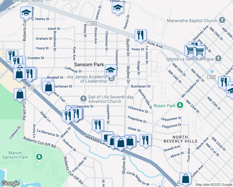 map of restaurants, bars, coffee shops, grocery stores, and more near 5215 Landino Street in Fort Worth
