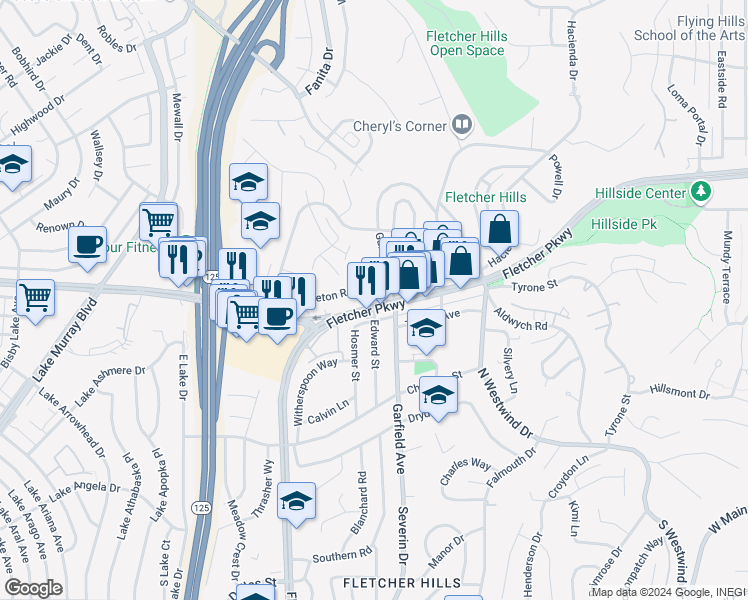 map of restaurants, bars, coffee shops, grocery stores, and more near 2456 Fletcher Parkway in El Cajon