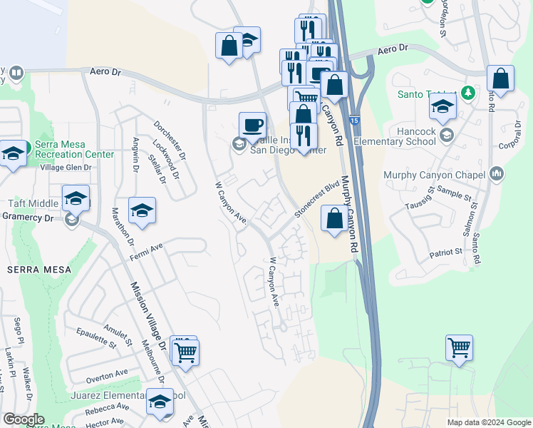 map of restaurants, bars, coffee shops, grocery stores, and more near 9625 West Canyon Terrace in San Diego