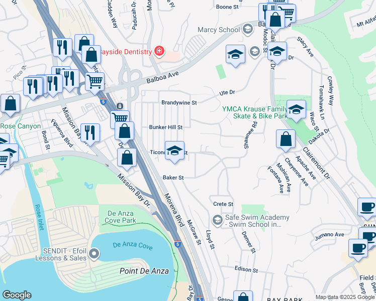 map of restaurants, bars, coffee shops, grocery stores, and more near Trenton Avenue in San Diego
