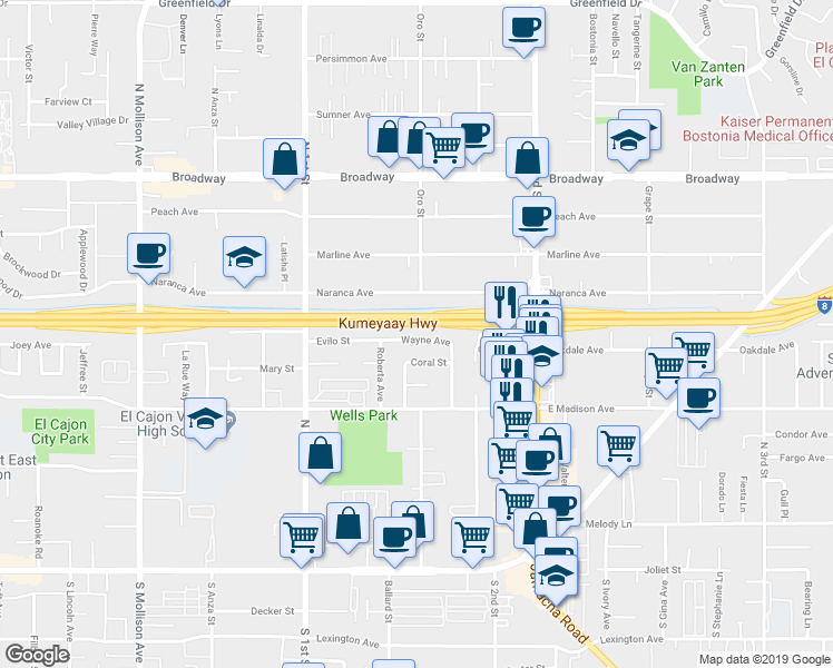 map of restaurants, bars, coffee shops, grocery stores, and more near 1198 Evilo Street in El Cajon