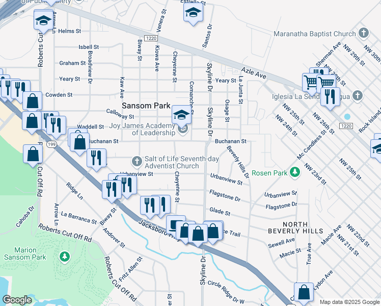 map of restaurants, bars, coffee shops, grocery stores, and more near 5215 Landino Street in Fort Worth