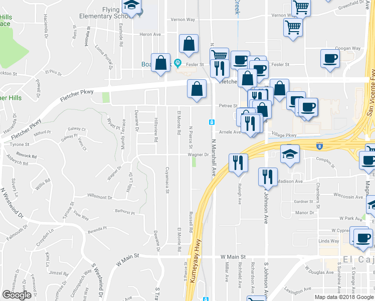 map of restaurants, bars, coffee shops, grocery stores, and more near 612 North Pierce Street in El Cajon